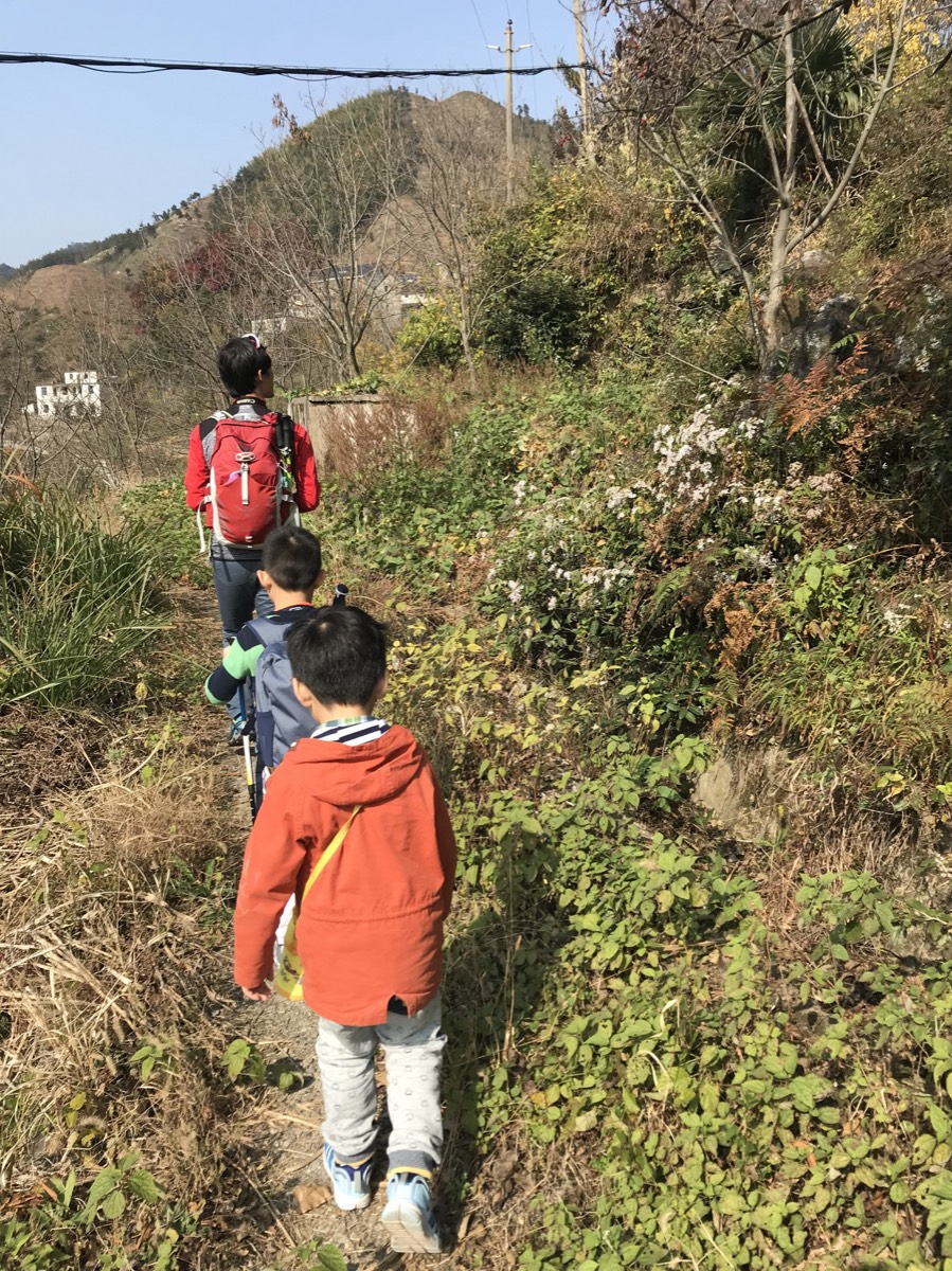 三个背着行囊的徒步者,沿山脊小径渐远的背影