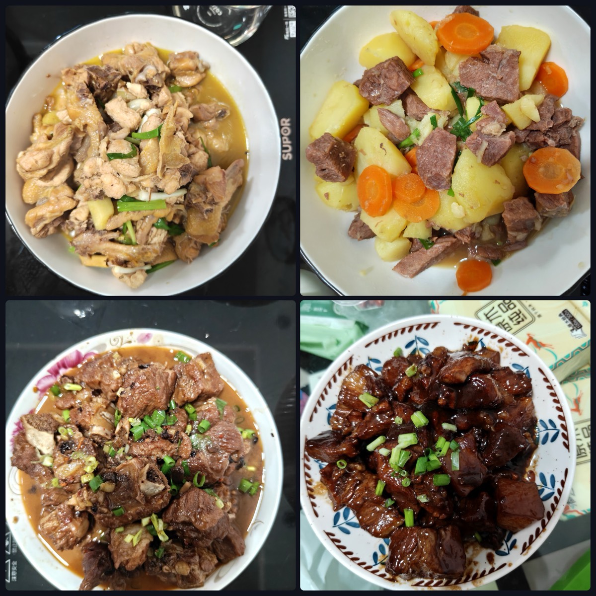 四格组图：葱姜炖鸡、土豆炖牛肉、红烧排骨、红烧肉