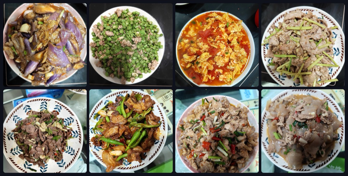 八格组图：肉末茄子、肉末炒豆角、番茄炒蛋、芹菜炒肉片、小炒牛肉、农家小炒肉、葱爆鸡块、魔芋炒肉